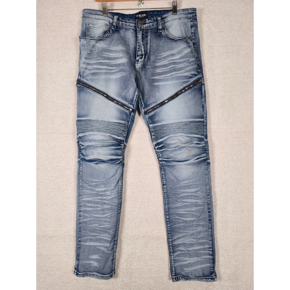Black‎ Premium Mens Moto Biker Jeans Light Wash Distressed Ribbed Zipper 36x32